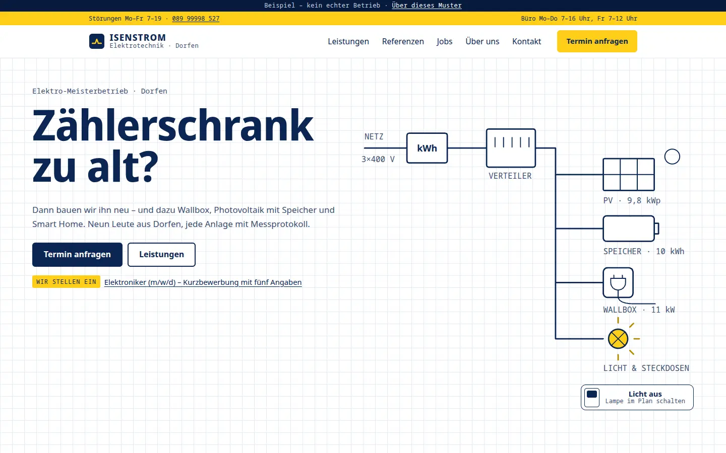 Startseite von Isenstrom Elektrotechnik: gezeichneter Stromlaufplan von Netz und Zähler bis zu Photovoltaik, Speicher, Wallbox und Licht, Überschrift „Zählerschrank zu alt?“ – Beispielseite eines erfundenen Betriebs