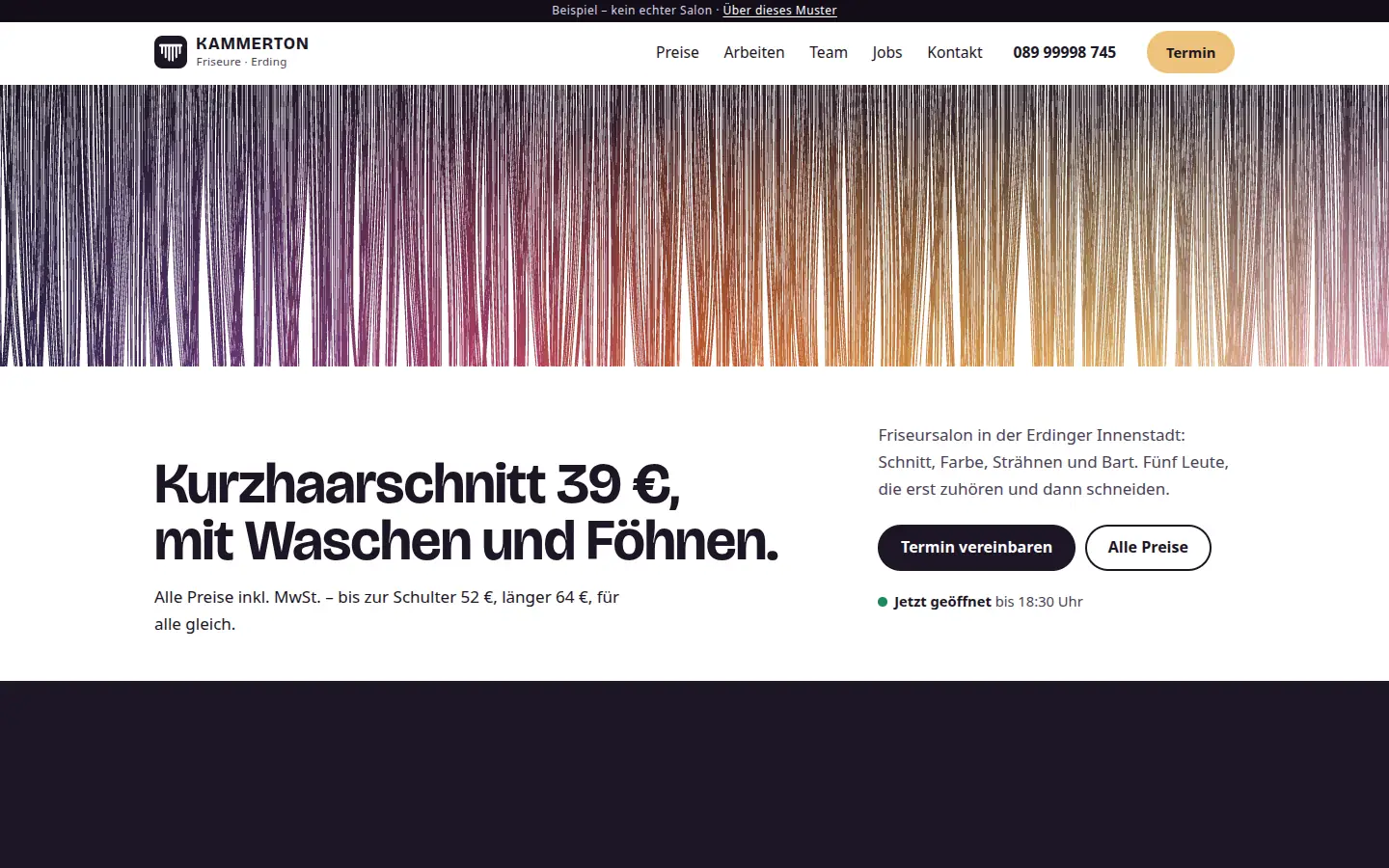 Startseite von Kammerton Friseure: gezeichnete Haarsträhnen in Farbtönen, Überschrift „Kurzhaarschnitt 39 €, mit Waschen und Föhnen.“ – Beispielseite eines erfundenen Salons
